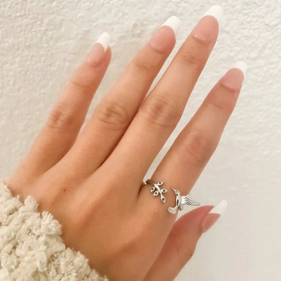 925 Sterling Silver Hummingbird Ring Bird Ring Tree Branch Ring Leaf Ring - Picture 7 of 9